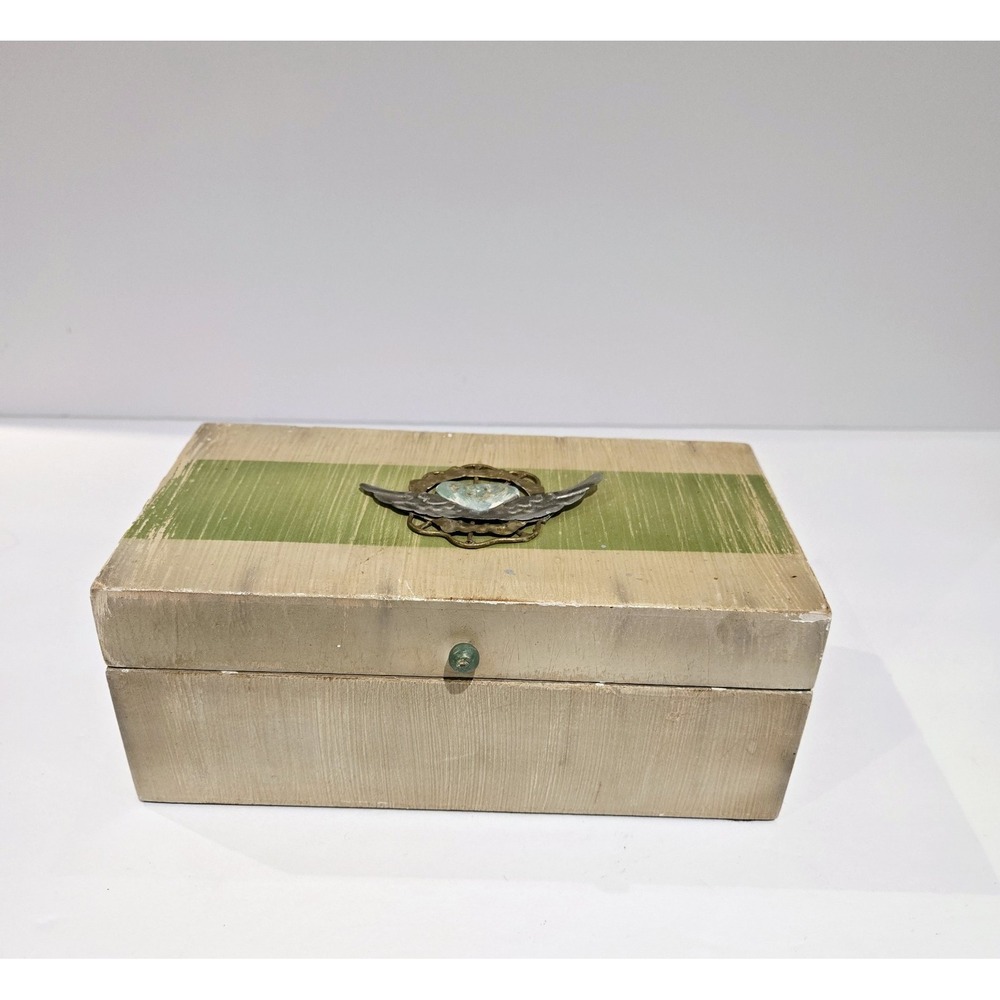 Vintage Style Boho Wooden Trinket Box with Lid Embellished Wing Heart